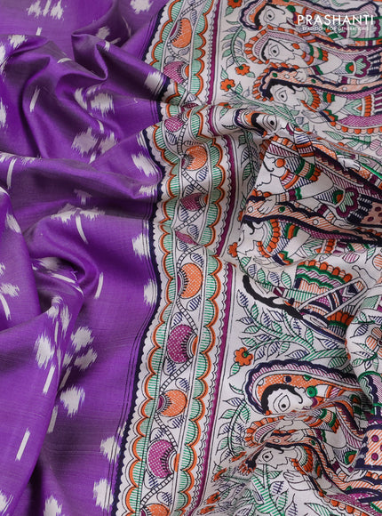 Pochampally silk saree violet and off white with allover ikat butta weaves and temple design madhubani printed border