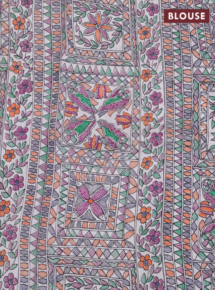 Pochampally silk saree violet and off white with allover ikat butta weaves and temple design madhubani printed border