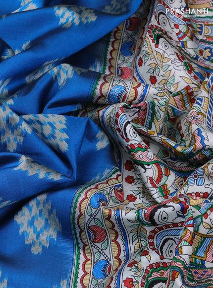 Pochampally silk saree cs blue and off white with allover ikat butta weaves and temple design madhubani printed border
