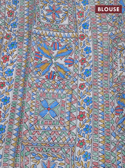 Pochampally silk saree cs blue and off white with allover ikat butta weaves and temple design madhubani printed border