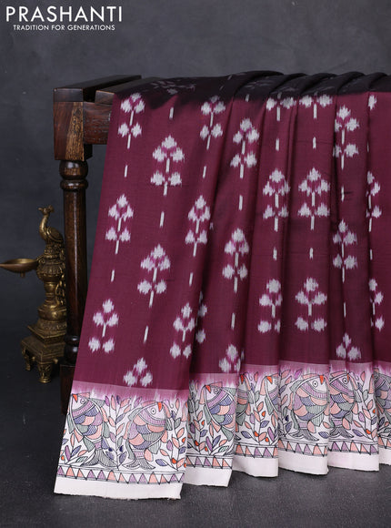 Pochampally silk saree wine shade and off white with allover ikat butta weaves and temple design madhubani printed border