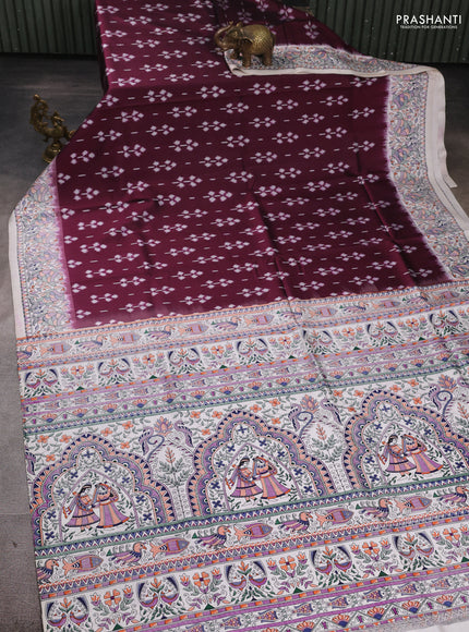Pochampally silk saree wine shade and off white with allover ikat butta weaves and temple design madhubani printed border