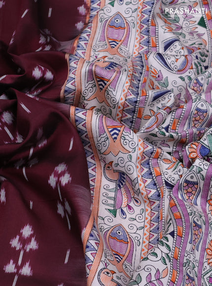 Pochampally silk saree wine shade and off white with allover ikat butta weaves and temple design madhubani printed border