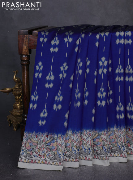 Pochampally silk saree royal blue and off white with allover ikat butta weaves and temple design madhubani printed border