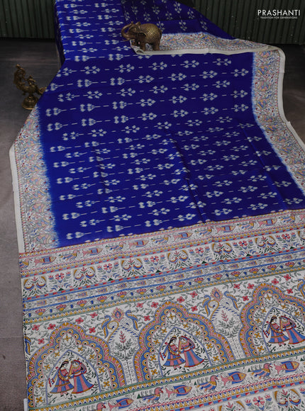Pochampally silk saree royal blue and off white with allover ikat butta weaves and temple design madhubani printed border