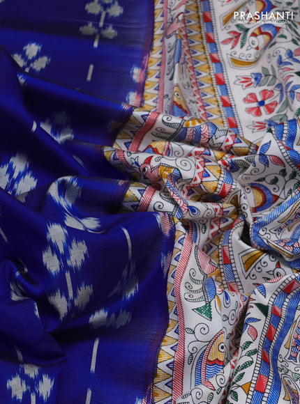 Pochampally silk saree royal blue and off white with allover ikat butta weaves and temple design madhubani printed border