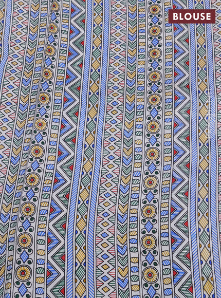 Pochampally silk saree royal blue and off white with allover ikat butta weaves and temple design madhubani printed border