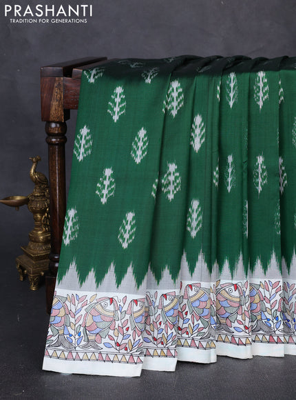 Pochampally silk saree green and off white with allover ikat butta weaves and temple design madhubani printed border