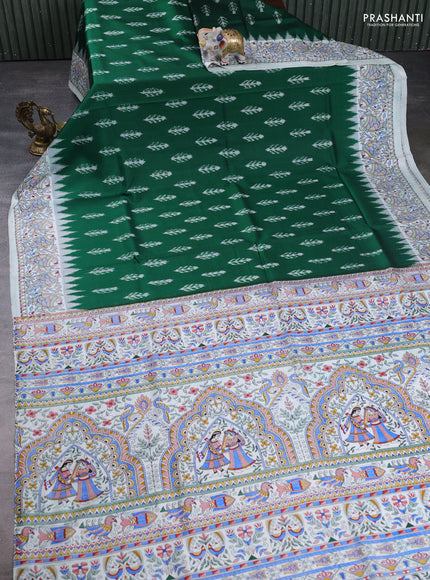 Pochampally silk saree green and off white with allover ikat butta weaves and temple design madhubani printed border
