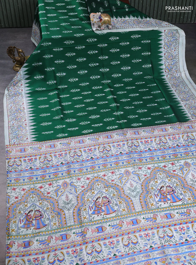 Pochampally silk saree green and off white with allover ikat butta weaves and temple design madhubani printed border