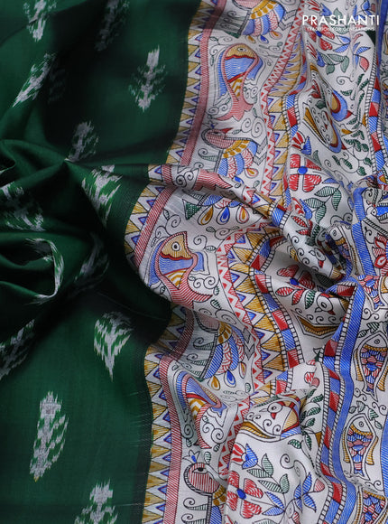 Pochampally silk saree green and off white with allover ikat butta weaves and temple design madhubani printed border