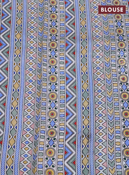 Pochampally silk saree green and off white with allover ikat butta weaves and temple design madhubani printed border