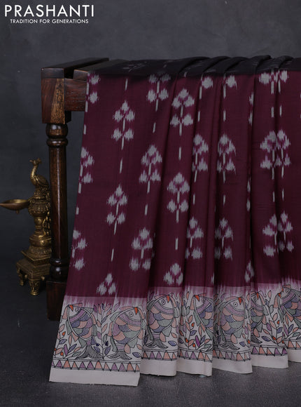 Pochampally silk saree deep maroon and off white with allover ikat butta weaves and temple design madhubani printed border