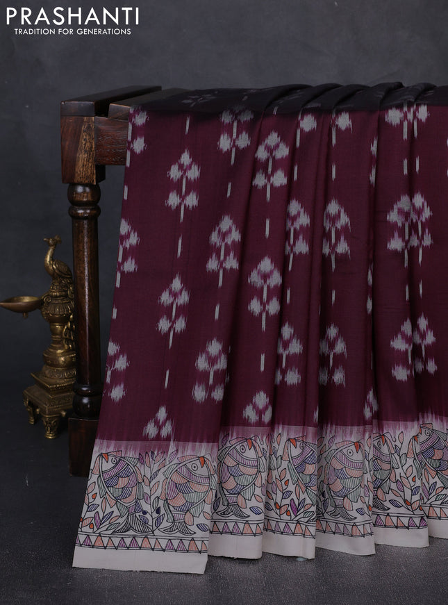 Pochampally silk saree deep maroon and off white with allover ikat butta weaves and temple design madhubani printed border