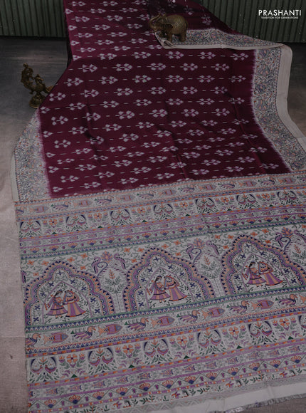 Pochampally silk saree deep maroon and off white with allover ikat butta weaves and temple design madhubani printed border