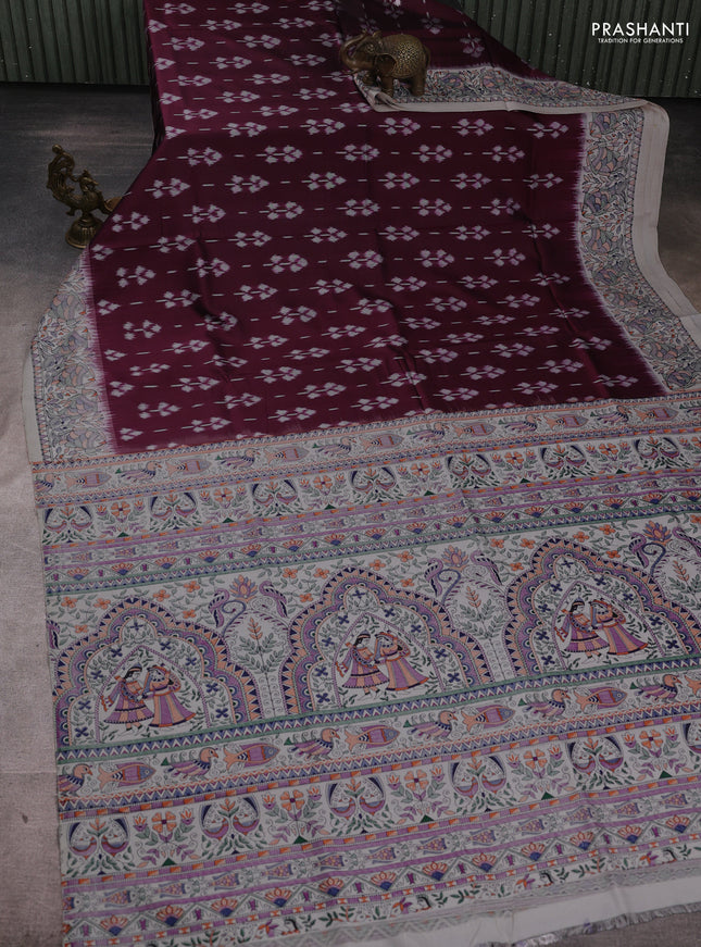Pochampally silk saree deep maroon and off white with allover ikat butta weaves and temple design madhubani printed border