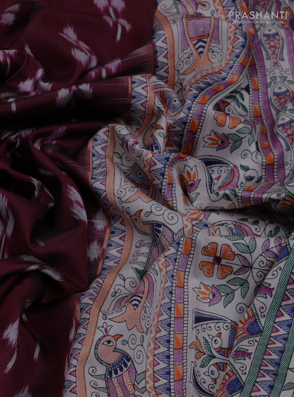 Pochampally silk saree deep maroon and off white with allover ikat butta weaves and temple design madhubani printed border
