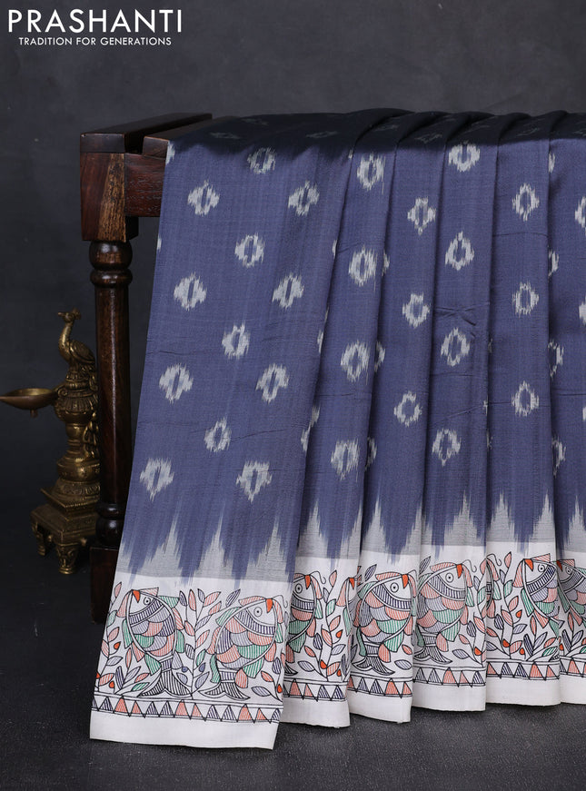 Pochampally silk saree grey and off white with allover ikat butta weaves and temple design madhubani printed border