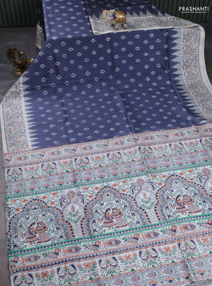 Pochampally silk saree grey and off white with allover ikat butta weaves and temple design madhubani printed border