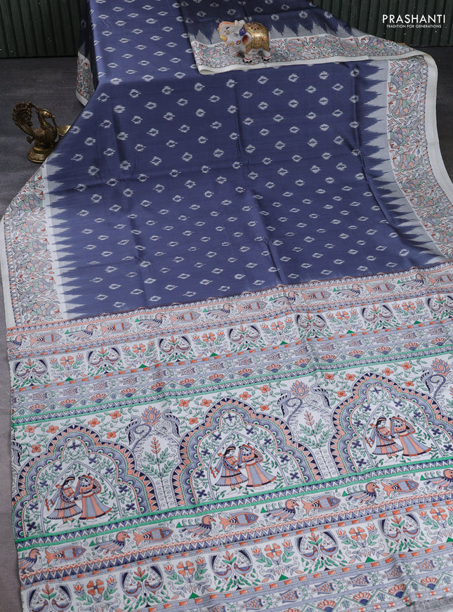Pochampally silk saree grey and off white with allover ikat butta weaves and temple design madhubani printed border