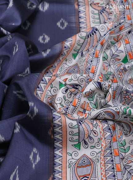 Pochampally silk saree grey and off white with allover ikat butta weaves and temple design madhubani printed border