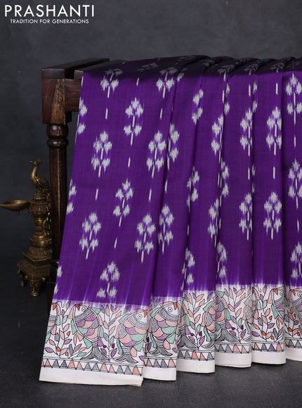 Pochampally silk saree violet and off white with allover ikat butta weaves and temple design madhubani printed border