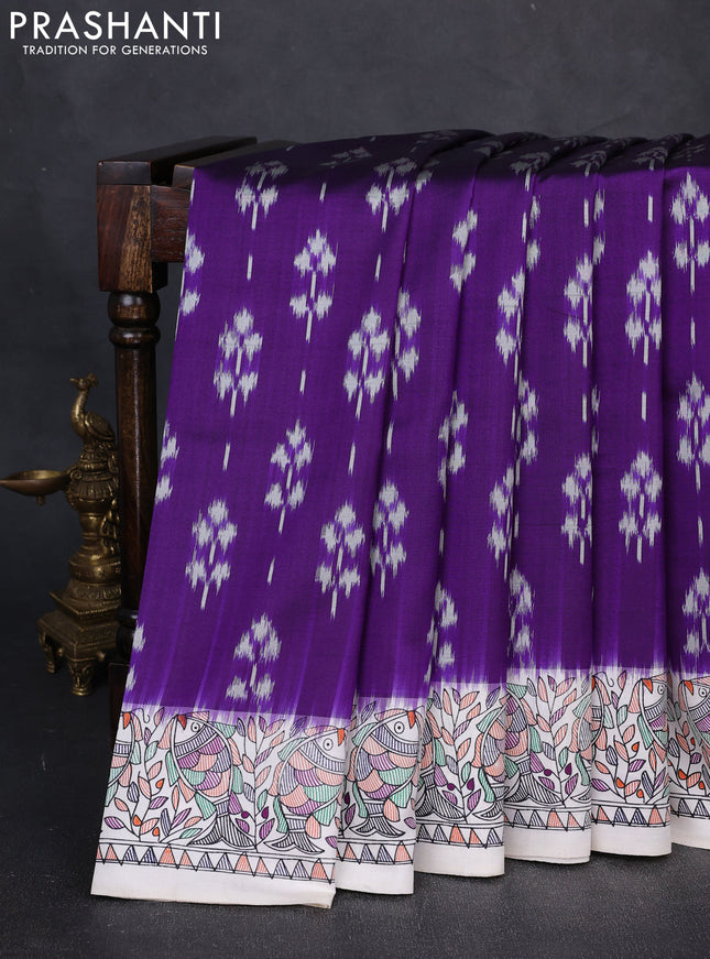Pochampally silk saree violet and off white with allover ikat butta weaves and temple design madhubani printed border
