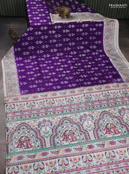 Pochampally silk saree violet and off white with allover ikat butta weaves and temple design madhubani printed border