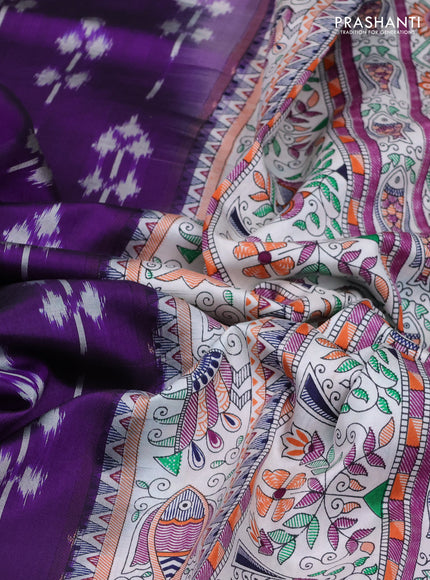 Pochampally silk saree violet and off white with allover ikat butta weaves and temple design madhubani printed border