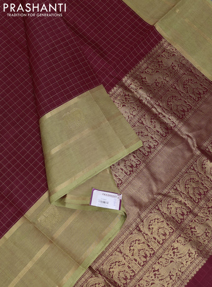Kanchipuram silk cotton saree maroon and elaichi green with allover thread checked pattern and rettapet zari woven border