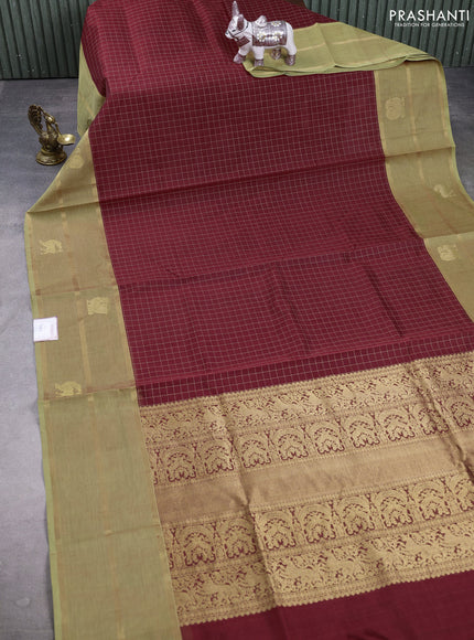 Kanchipuram silk cotton saree maroon and elaichi green with allover thread checked pattern and rettapet zari woven border