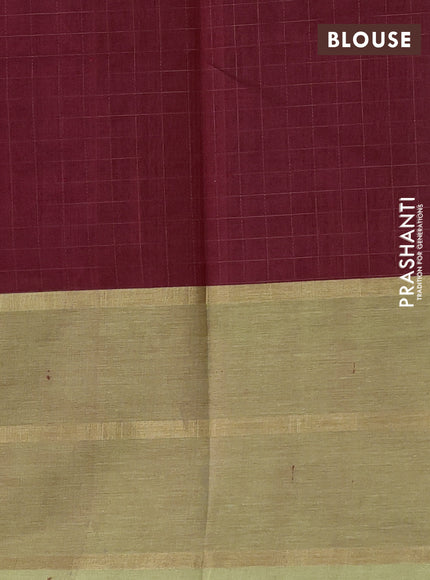 Kanchipuram silk cotton saree maroon and elaichi green with allover thread checked pattern and rettapet zari woven border