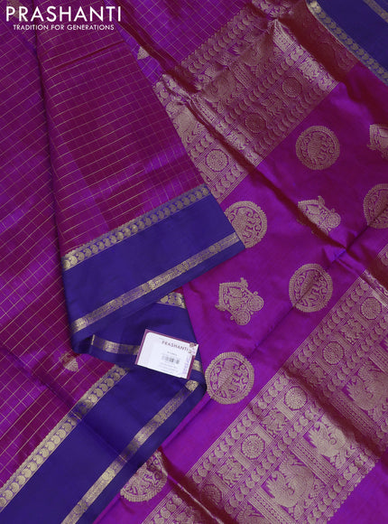 Kanchipuram silk cotton saree dual tone purple and blue with allover zari checks & buttas and rettapet zari woven border