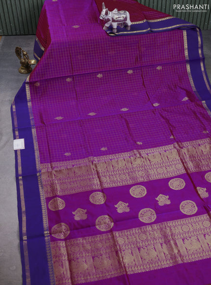 Kanchipuram silk cotton saree dual tone purple and blue with allover zari checks & buttas and rettapet zari woven border