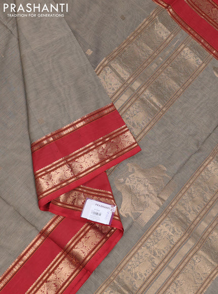 Kanchipuram silk cotton saree chikku shade and maroon with zari woven buttas and rettapet zari woven border