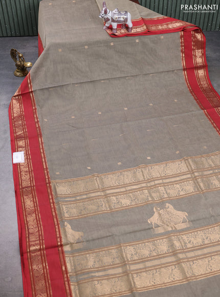 Kanchipuram silk cotton saree chikku shade and maroon with zari woven buttas and rettapet zari woven border