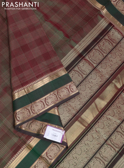 Kanchipuram silk cotton saree dual tone greenish maroon with allover thread checked pattern and rettapet zari woven border