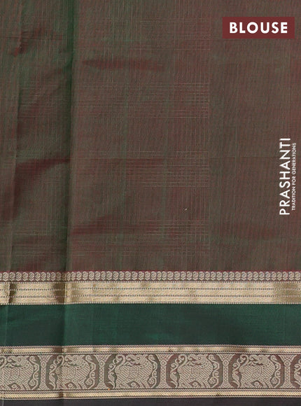 Kanchipuram silk cotton saree dual tone greenish maroon with allover thread checked pattern and rettapet zari woven border