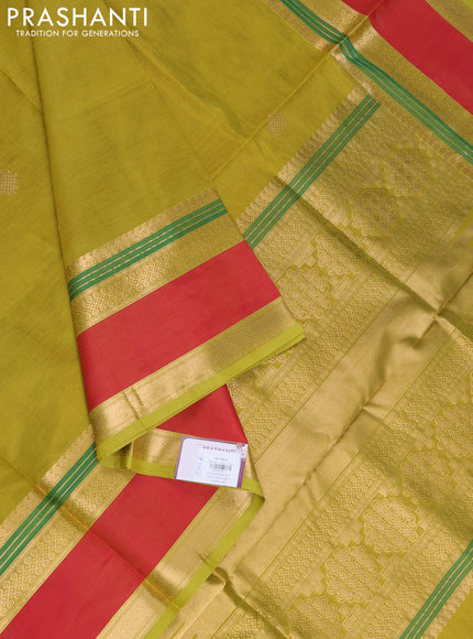 Kanchipuram silk cotton saree lime green and red with rangoli zari woven buttas and rettapet zari woven border