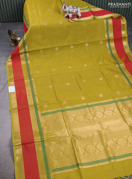 Kanchipuram silk cotton saree lime green and red with rangoli zari woven buttas and rettapet zari woven border
