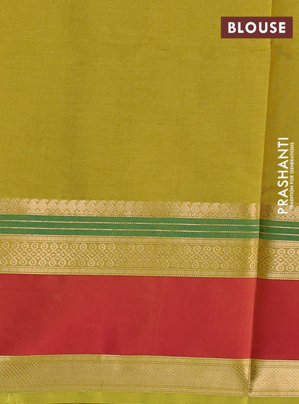 Kanchipuram silk cotton saree lime green and red with rangoli zari woven buttas and rettapet zari woven border