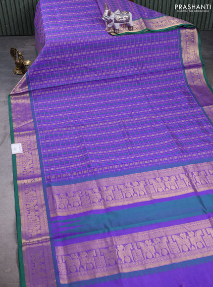 Kanchipuram silk cotton saree lavender and green with allover thread checks & 1000 buttas and zari woven border