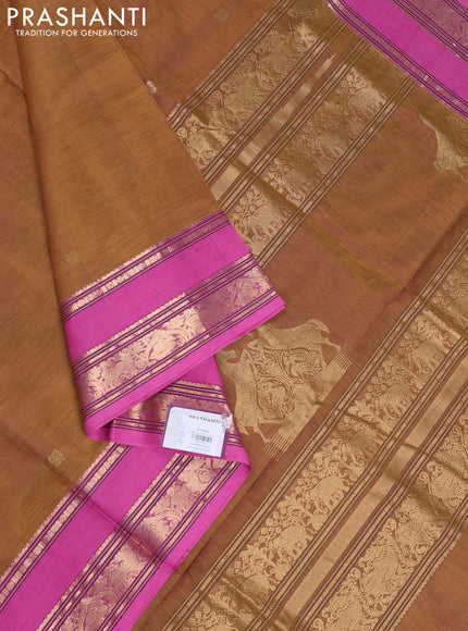Kanchipuram silk cotton saree dark mustard and light pink with zari woven buttas and rettapet zari woven border