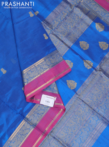 Kanchipuram silk cotton saree cs blue and pink with thread woven buttas and rettapet zari woven border