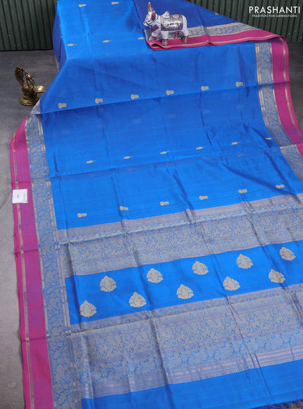 Kanchipuram silk cotton saree cs blue and pink with thread woven buttas and rettapet zari woven border