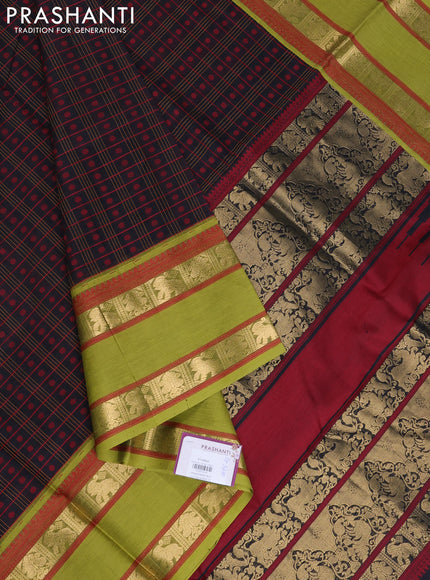 Kanchipuram silk cotton saree black and light green with allover thread checks & 1000 buttas and rettapet zari woven border