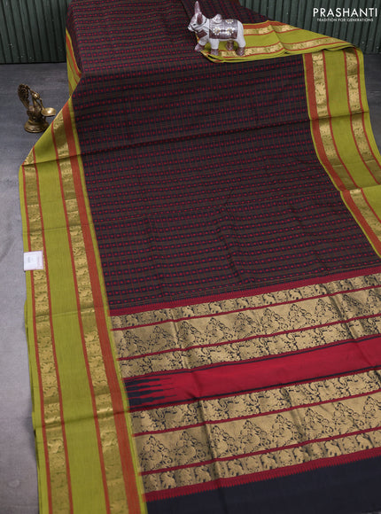 Kanchipuram silk cotton saree black and light green with allover thread checks & 1000 buttas and rettapet zari woven border