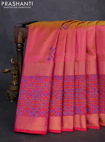 Pure uppada block printed silk saree dual tone pinkish yellow and pink with butta prints and long printed zari woven border