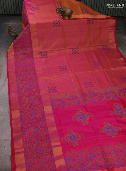 Pure uppada block printed silk saree dual tone pinkish yellow and pink with butta prints and long printed zari woven border