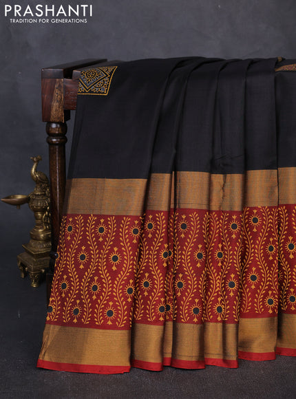 Pure uppada block printed silk saree black and maroon with butta prints and long zari woven printed border
